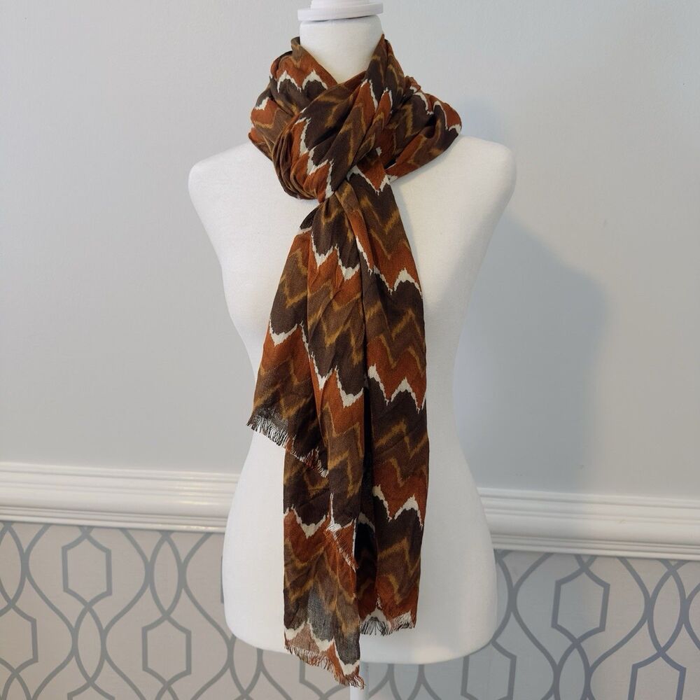 Curations Viscose Womens Scarf Chevron Brown Gold White Soft Thin Wavy Stripes